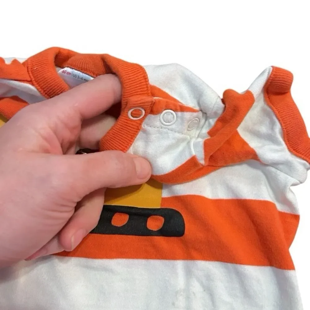 Hanna Andersson Orange and White Excavator Baby Romper, Size 3-6‎ mo.